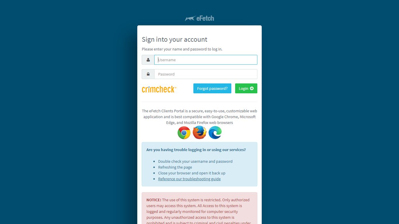 eFetch Crimcheck Client Portal